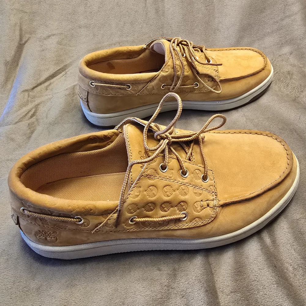 Timberland 45596 Tan Leather Boat Shoes Lace Up Comfort Rubber Sole Men's 8.5 M